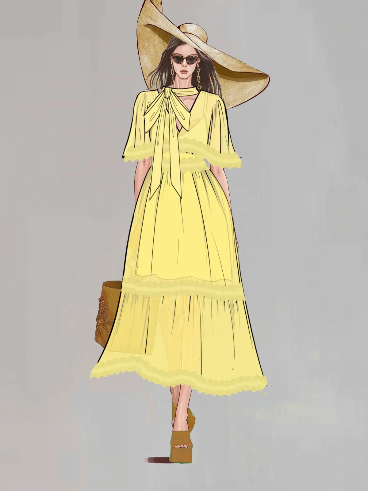 Yellow Gathered Lace Chiffon V Neck Half Sleeve Raglan Sleeves Sheath Midi Dress