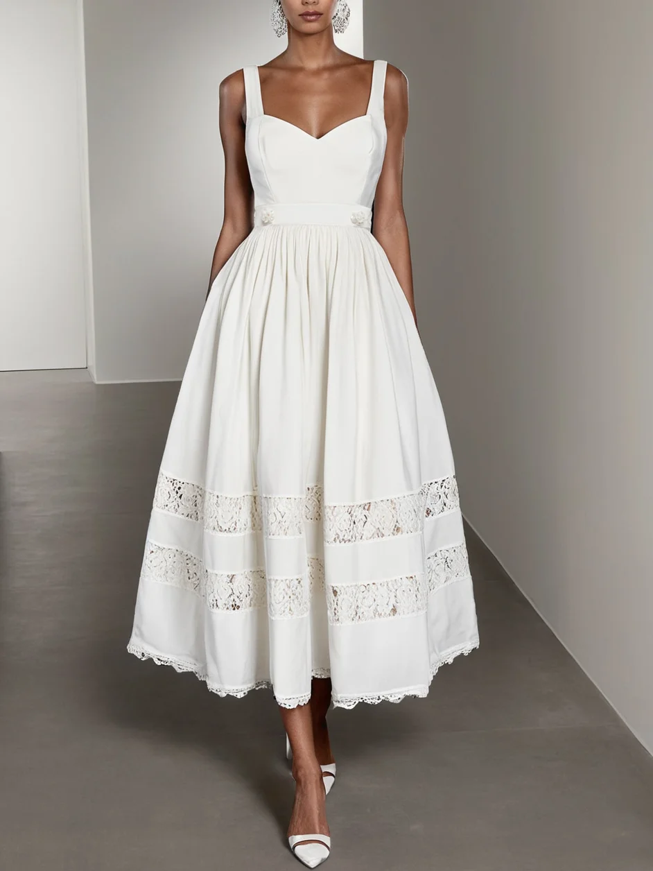 White Beaded Lace Spaghetti Sleeveless A-Line Midi Dress