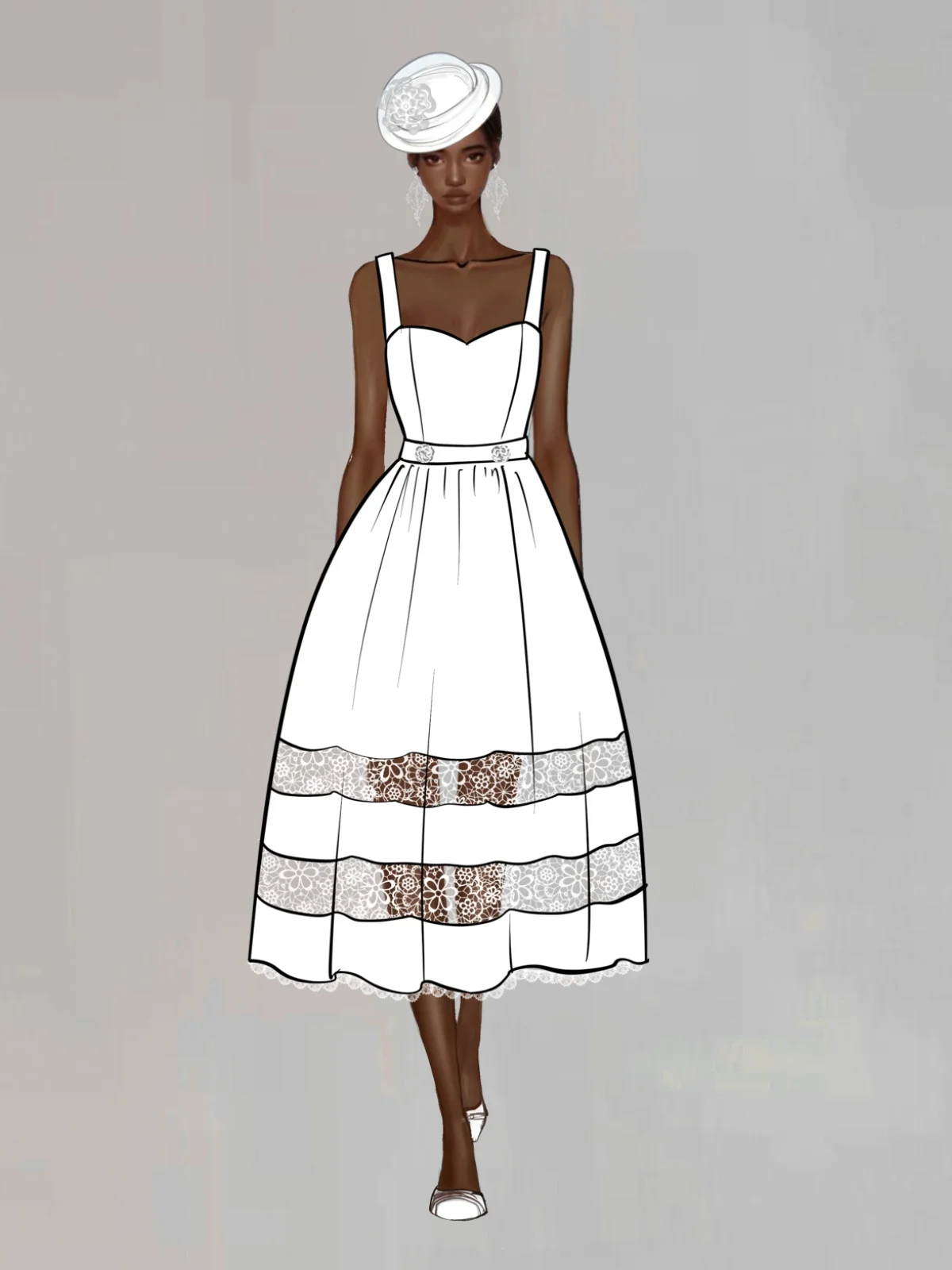 White Lace Beaded Spaghetti Sleeveless A-Line Midi Dress