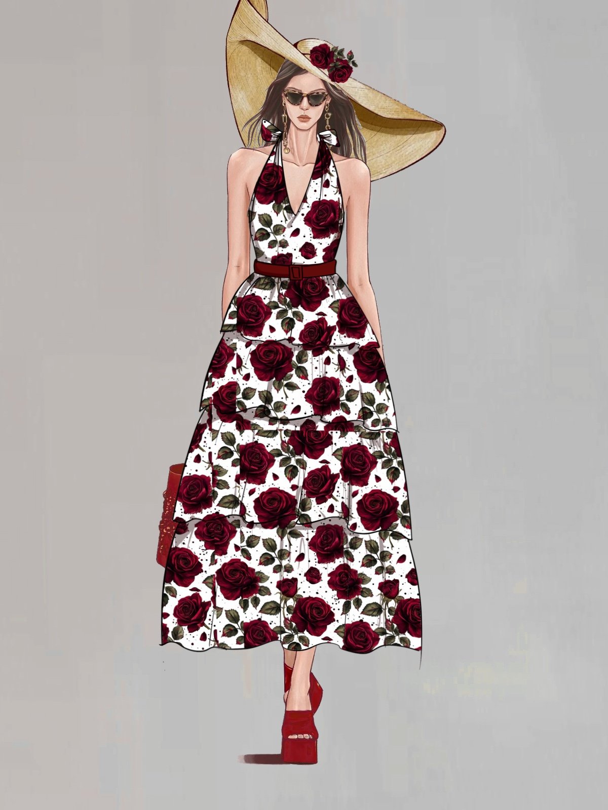 Wine Red Printing Ruffle Skirt Halter Sleeveless A-Line Maxi Dress