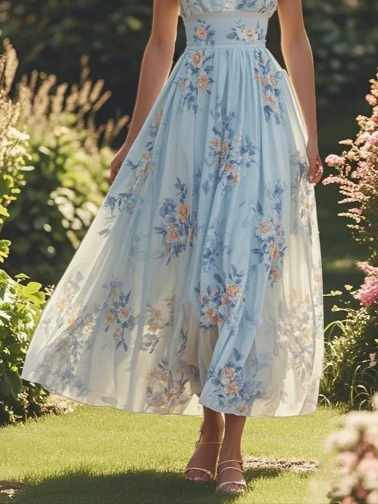 Light Blue Imitation Pearls Floral V Neck A-Line Maxi Chiffon Dress