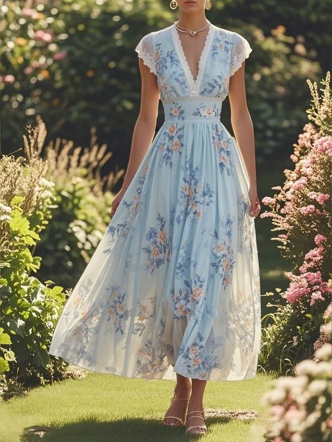 Light Blue Imitation Pearls Floral V Neck A-Line Maxi Chiffon Dress