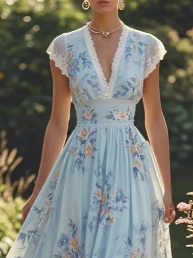 Light Blue Imitation Pearls Floral V Neck A-Line Maxi Chiffon Dress