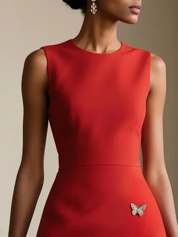 Red Butterfly Buckle Classic Crew Neck Sleeveless A-Line Mini Dress