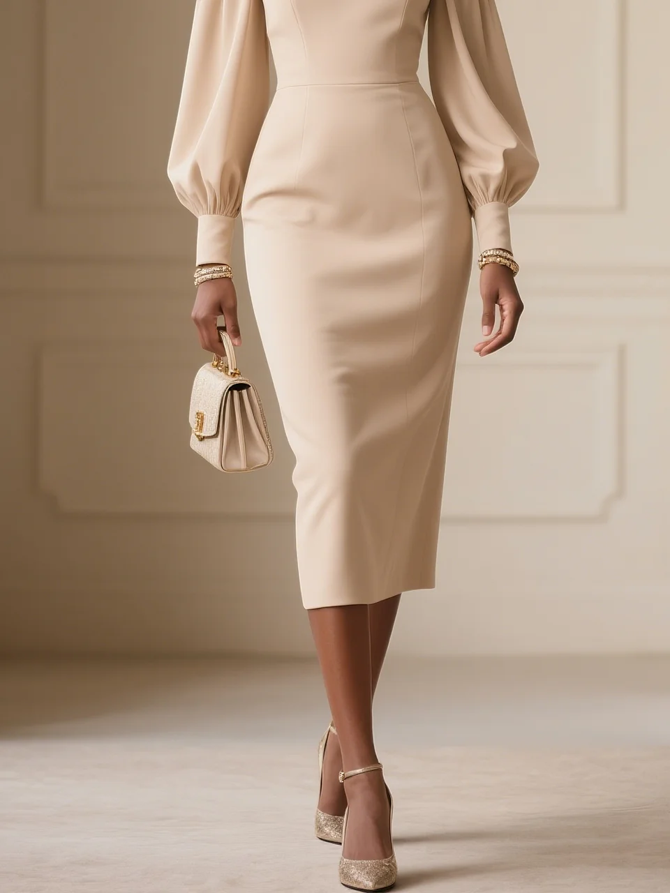 Apricot Applique Floral Classic Crew Neck Long Sleeve Balloon Sleeve Sheath Midi Dress