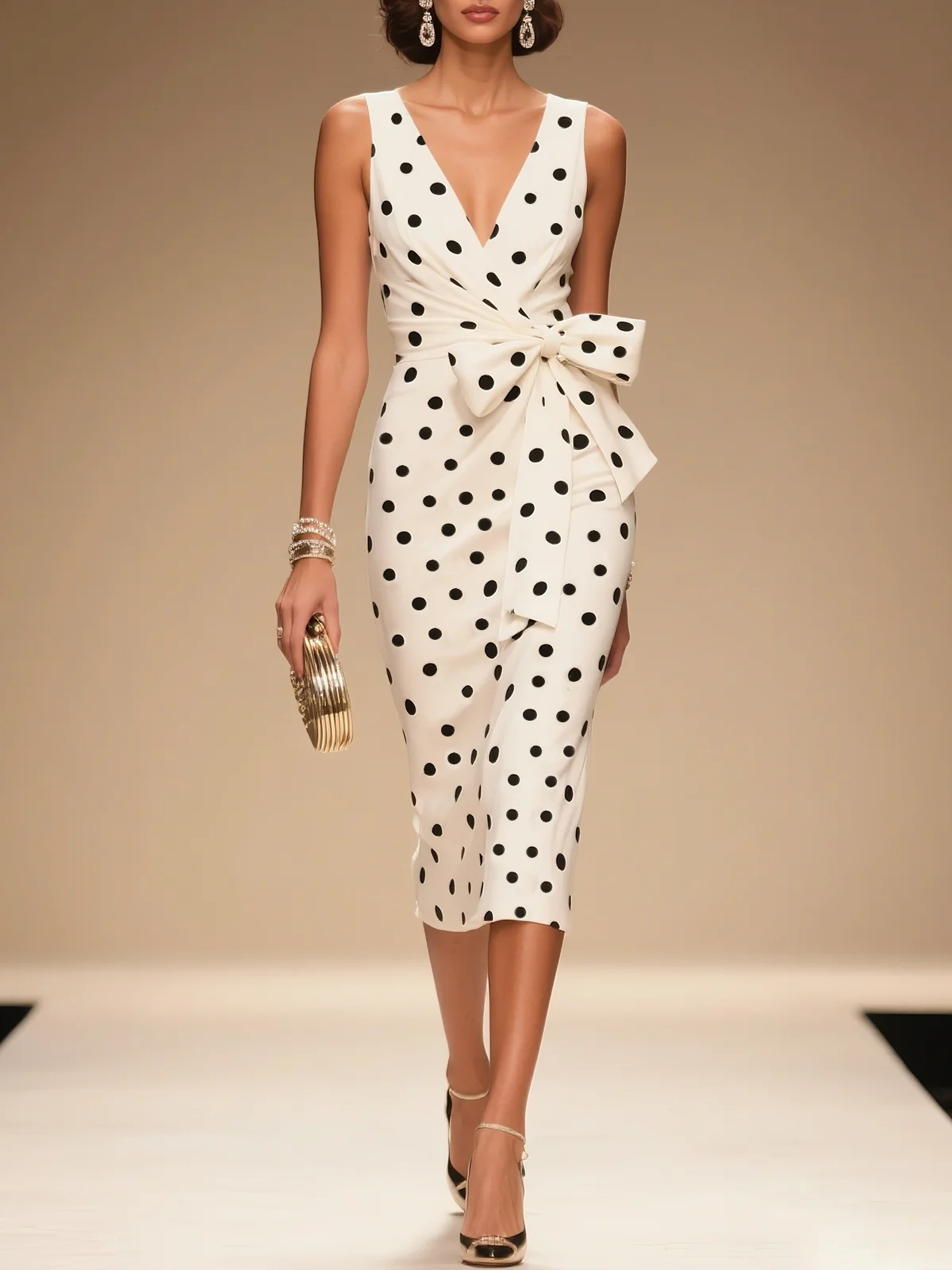 White Bow Classic V Neck Sleeveless Sheath Midi Dress