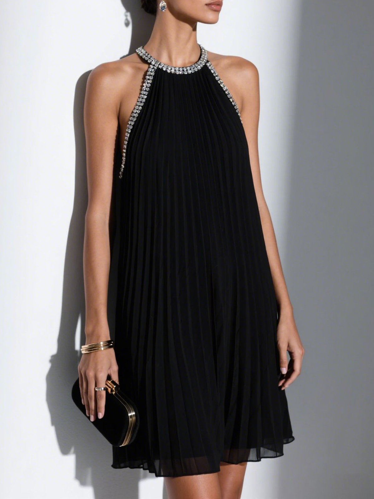 Black Rhinestone Pleated Chiffon Crew Neck Sleeveless A-Line Mini Dress