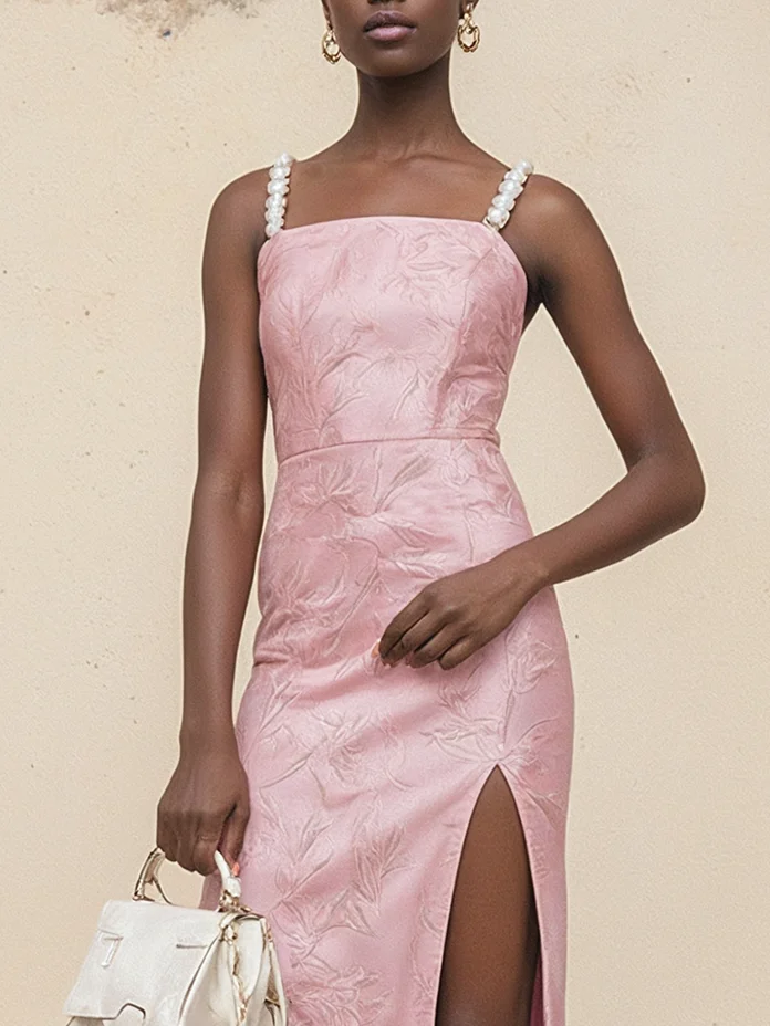 Pink Slit Pearl Satin Spaghetti Gallus Shift Mini Dress