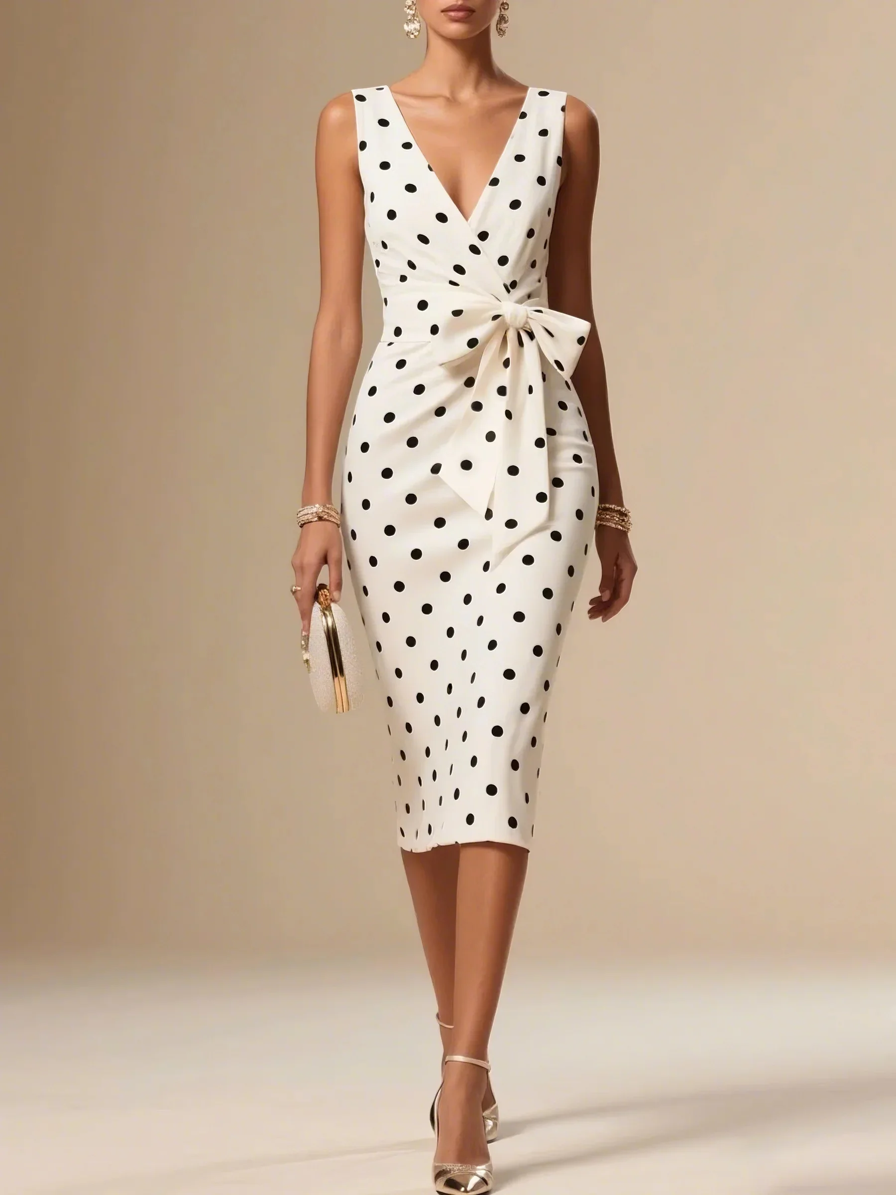 White Bow Classic V Neck Sleeveless Sheath Midi Dress