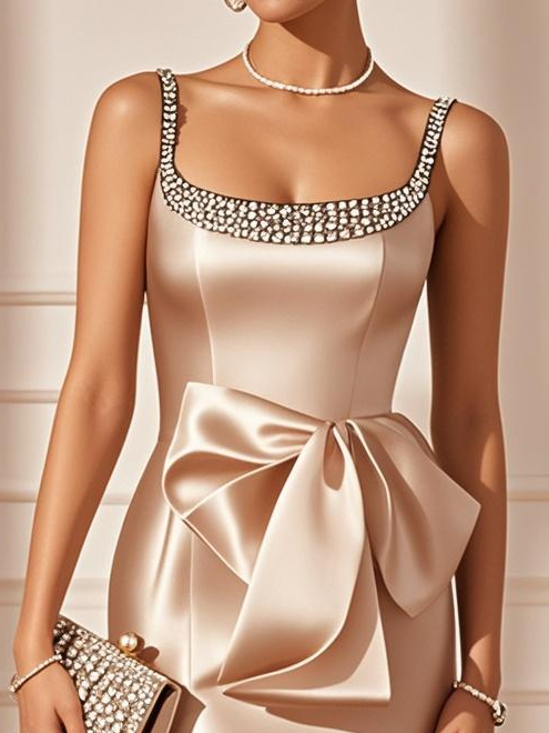 Champagne Hotfix Embellished Bow Classic Crew Neck Sleeveless Sheath Midi Dress