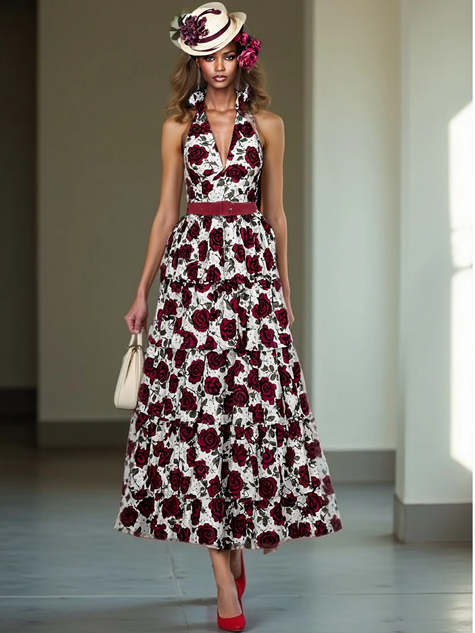 Wine Red Printing Ruffle Skirt Halter Sleeveless A-Line Maxi Dress