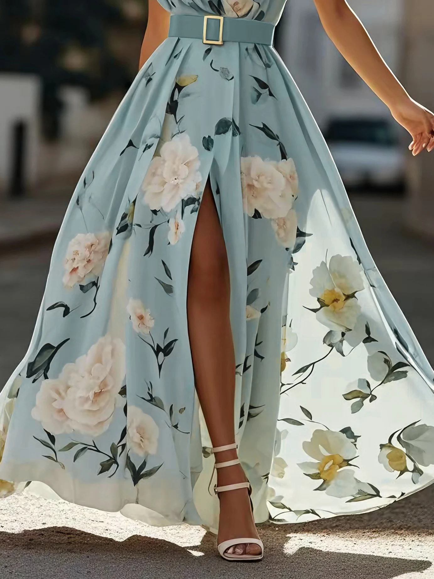 Light Blue Floral Ruched One Shoulder A-Line Maxi Chiffon Dress