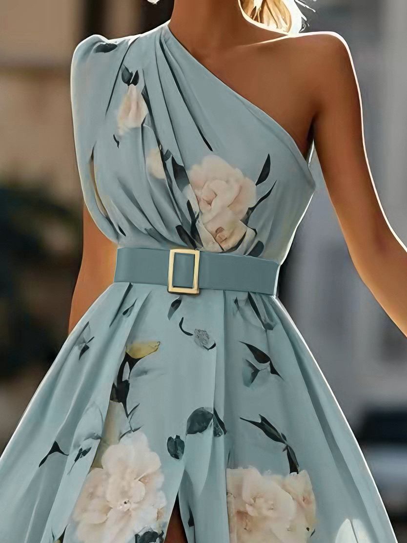 Light Blue Floral Ruched One Shoulder A-Line Maxi Chiffon Dress
