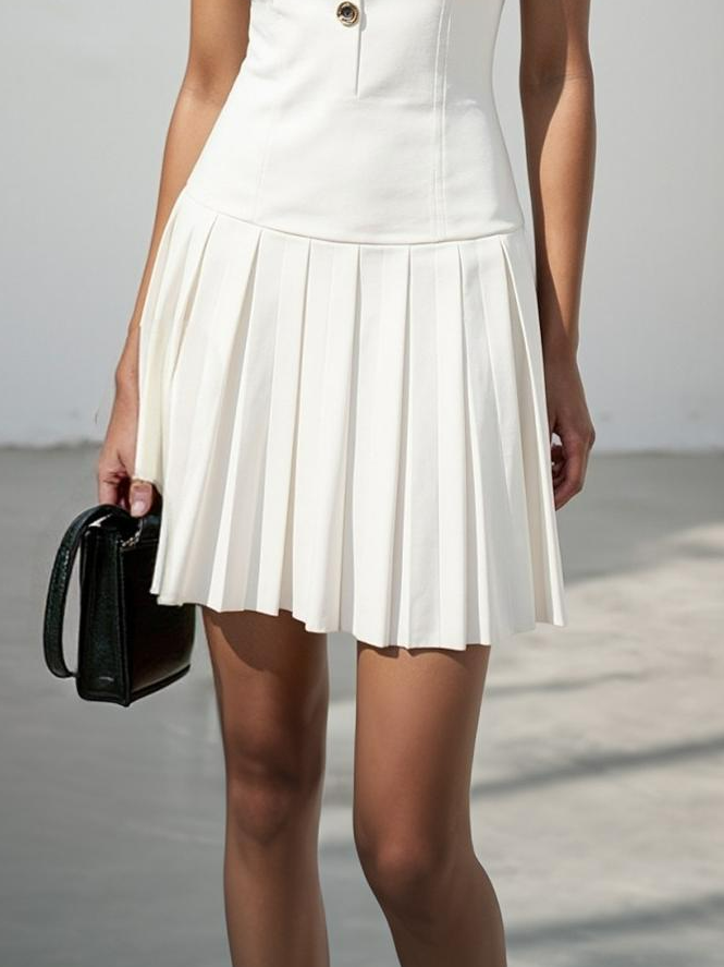 White Buckle Pleated Classic Square Neck Sleeveless A-Line Mini Dress