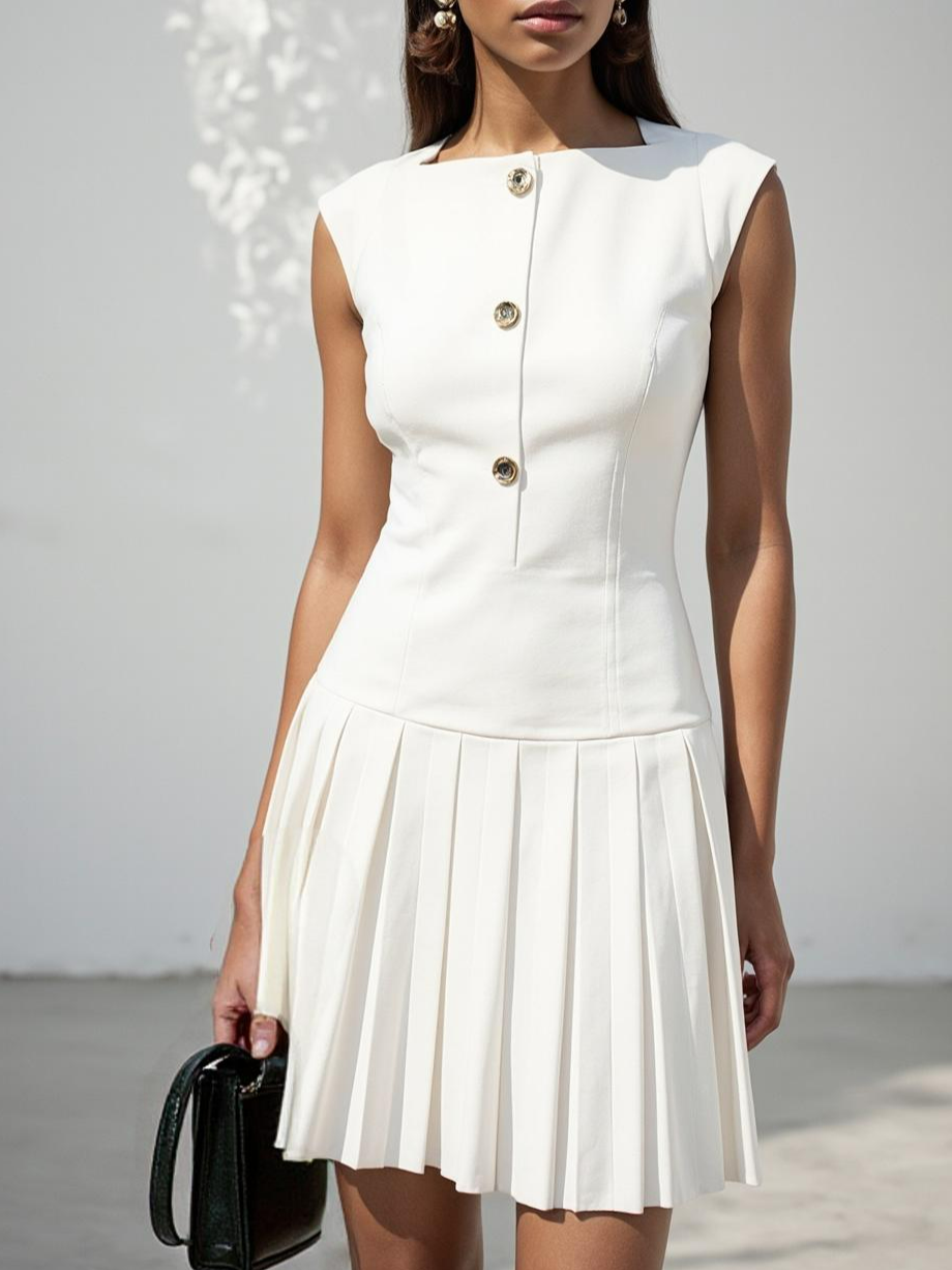 White Buckle Pleated Classic Square Neck Sleeveless A-Line Mini Dress