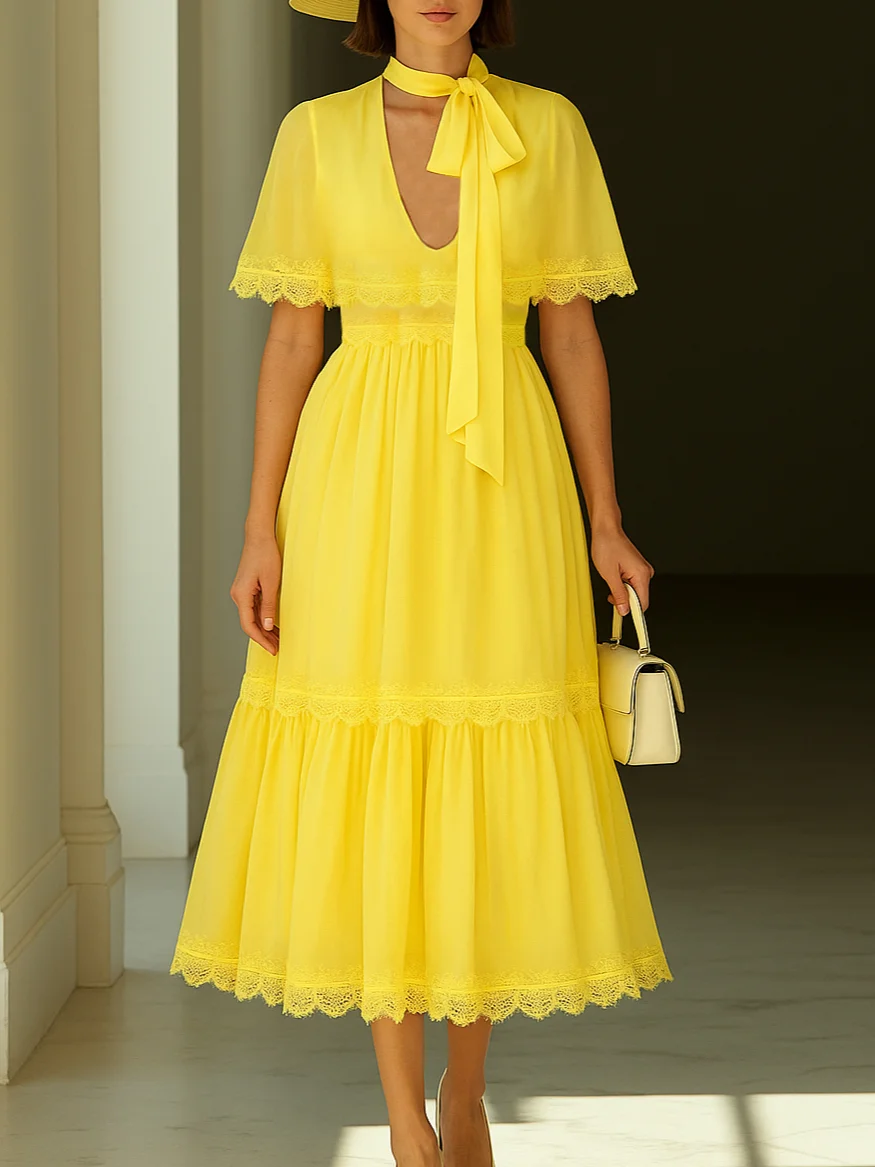 Yellow Gathered Lace Chiffon V Neck Half Sleeve Raglan Sleeves Sheath Midi Dress