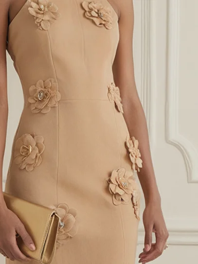 Khaki 3D Floral Classic Shirt Collar Sleeveless A-Line Mini Dress