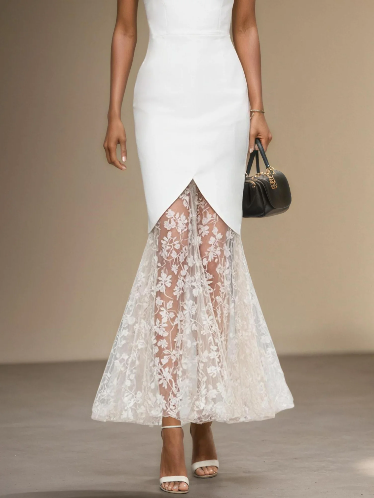 White Lace Classic Crew Neck Sleeveless Mermaid Maxi Dress