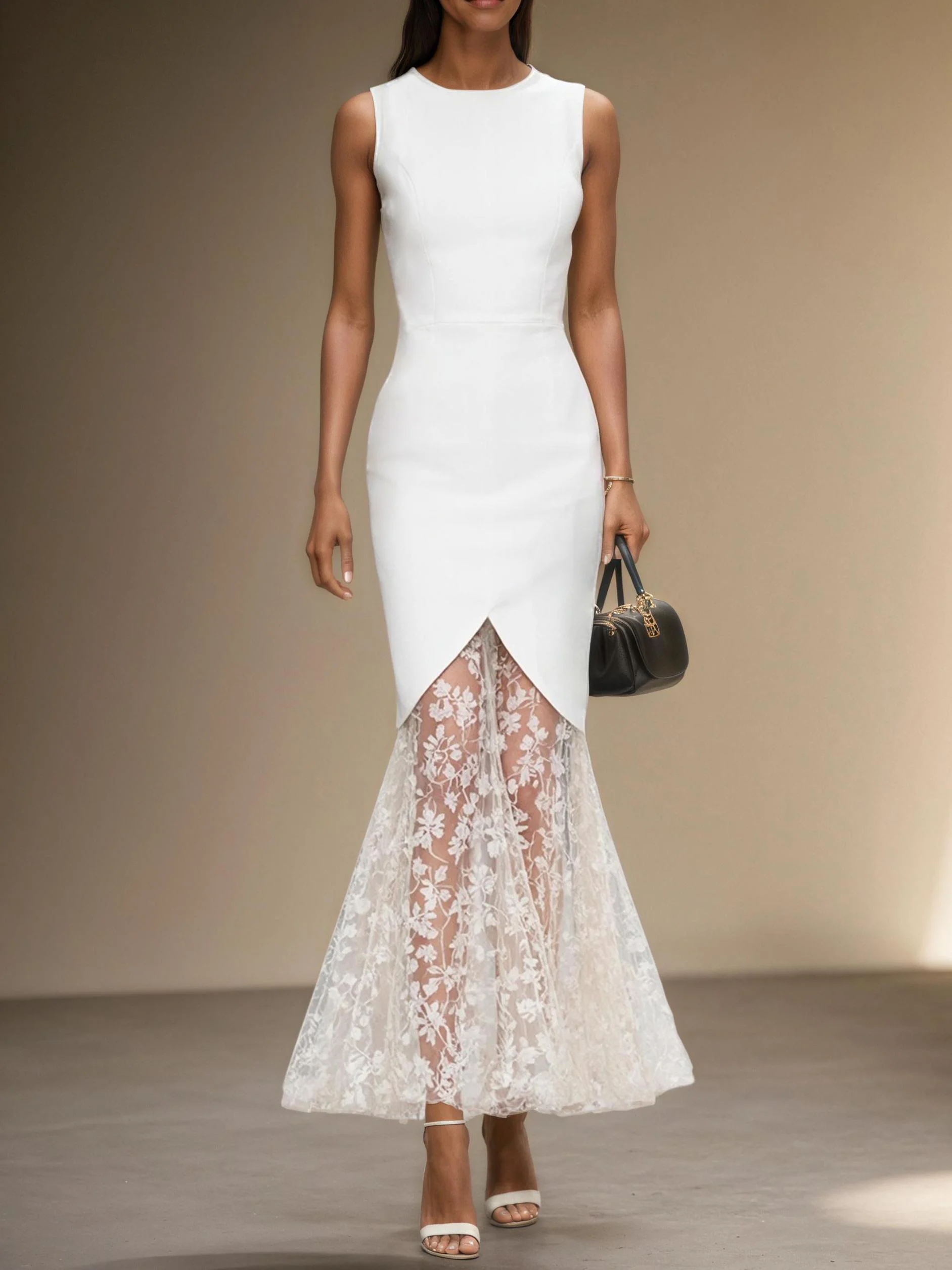 White Lace Classic Crew Neck Sleeveless Mermaid Maxi Dress
