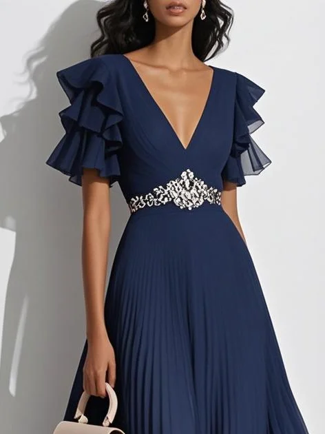 Purplish Blue Pleated Rhinestone Chiffon V Neck Short Sleeve Ruffle Sleeve A-Line Maxi Dress