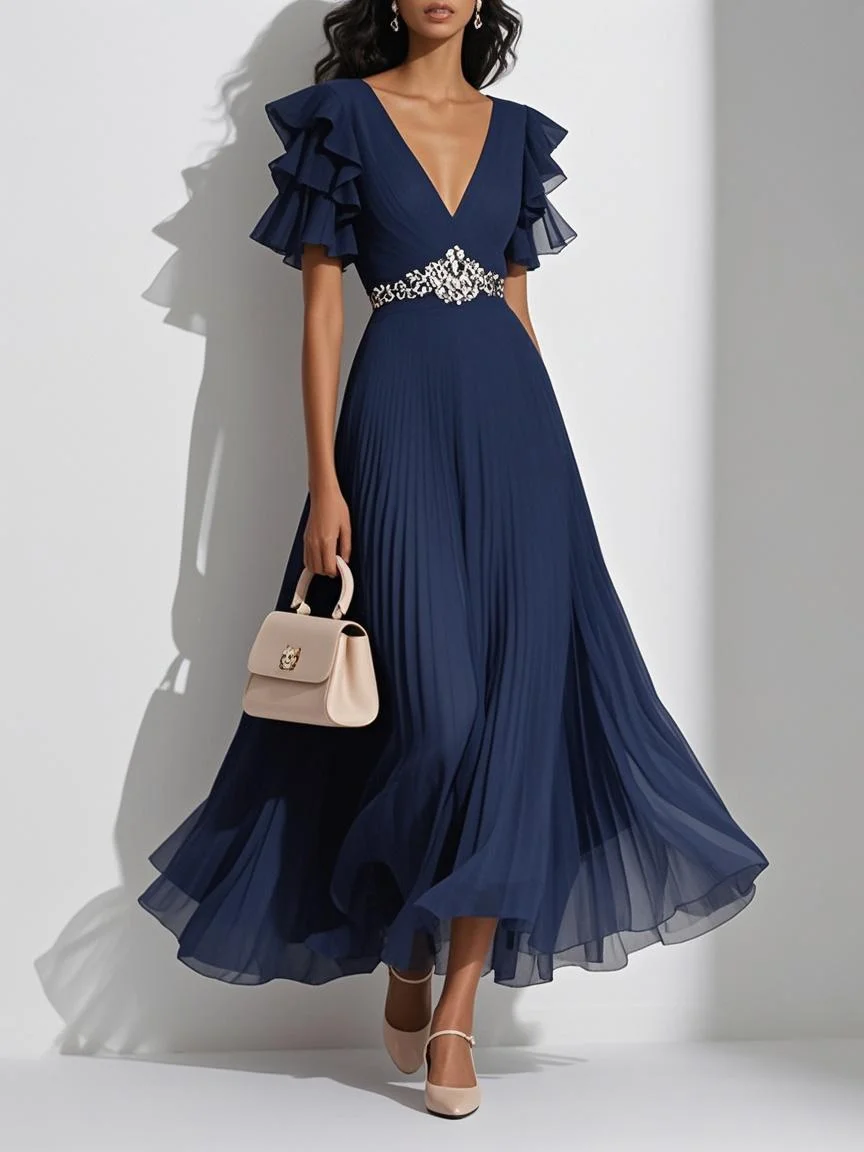Purplish Blue Pleated Rhinestone Chiffon V Neck Short Sleeve Ruffle Sleeve A-Line Maxi Dress