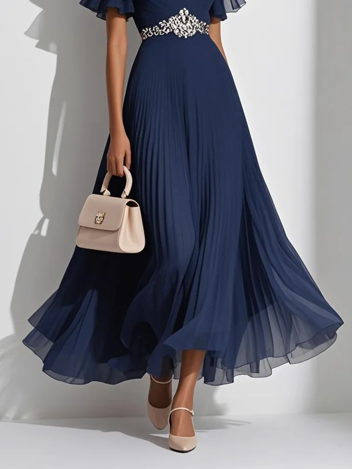 Purplish Blue Pleated Rhinestone Chiffon V Neck Short Sleeve Ruffle Sleeve A-Line Maxi Dress