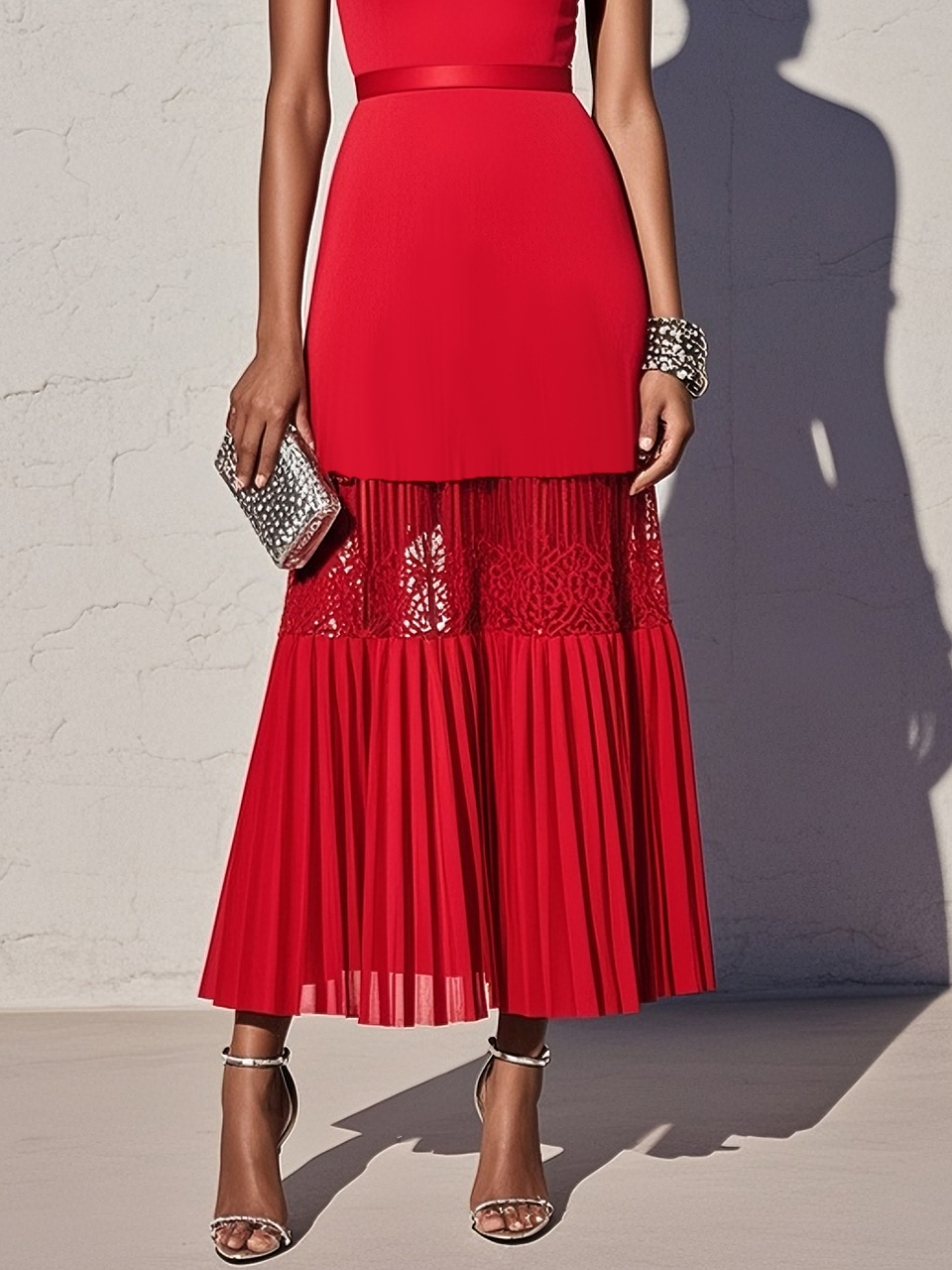 Red Lace Classic Crew Neck Sleeveless A-Line Maxi Dress