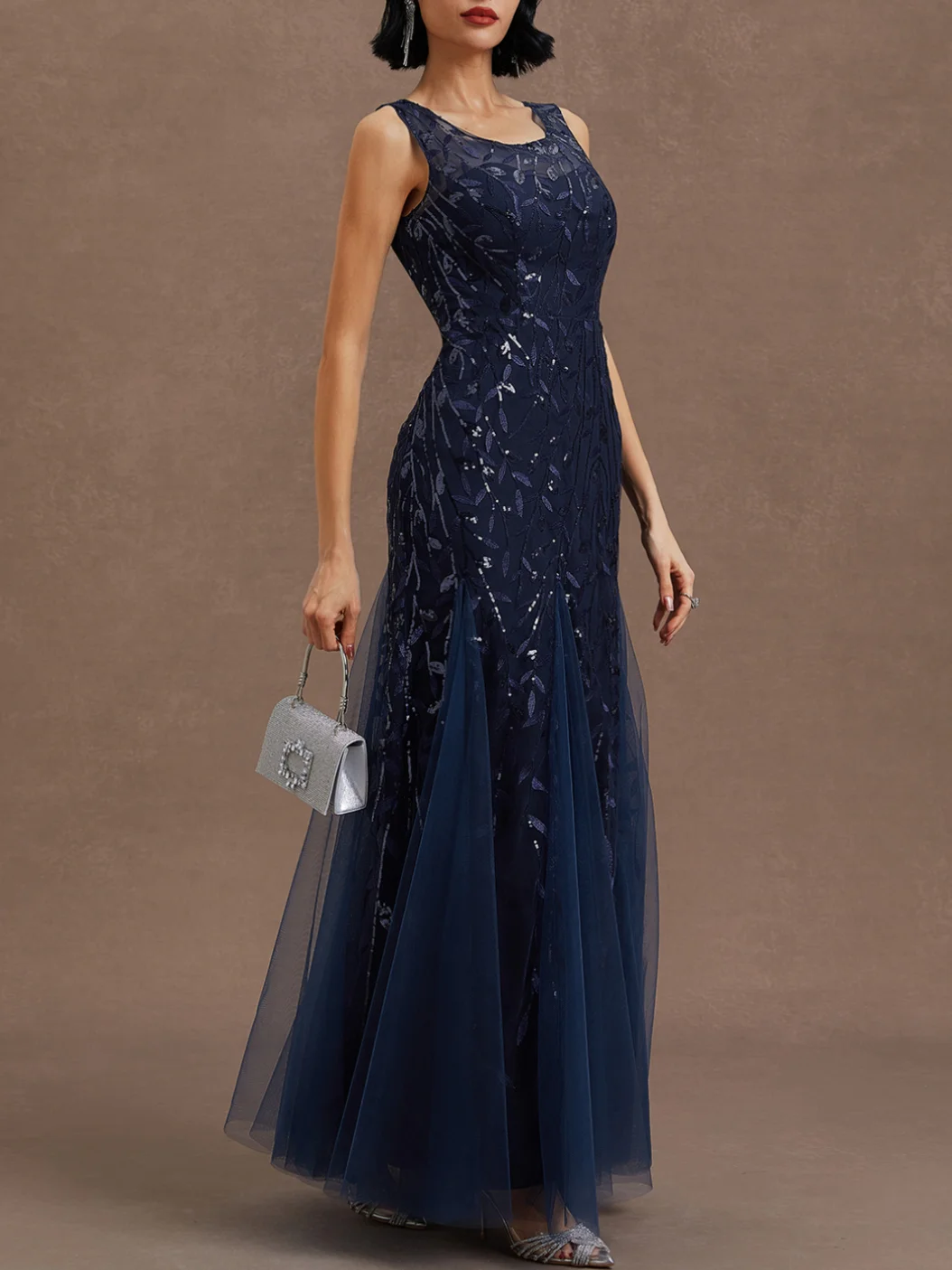 Purplish Blue Sequin Crew Neck Sleeveless Sheath Maxi Mother of the Bride or Groom Dress