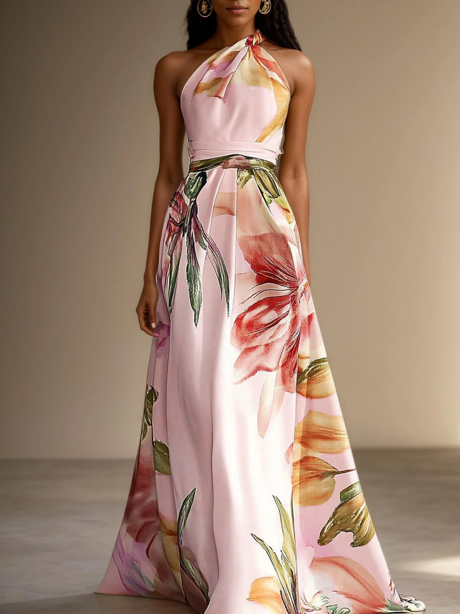 Lavender Floral Satin One Shoulder Sleeveless A-Line Maxi Dress With Pockets