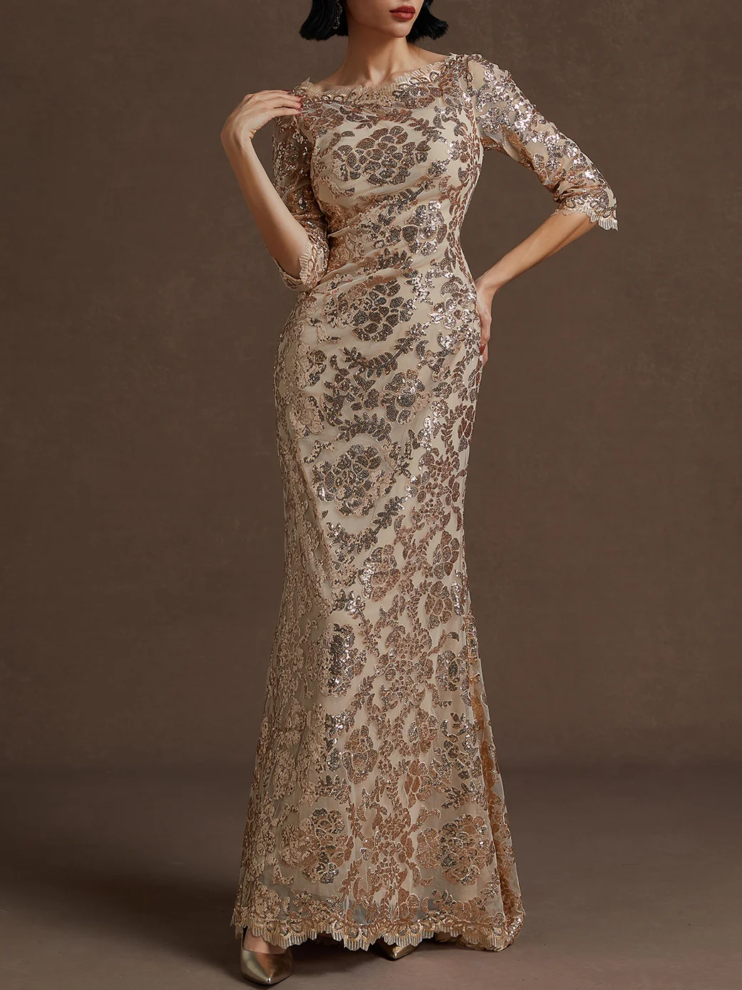 Rose Gold Sequin Crew Neck Three Quarter Sleeve Mermaid Gown Mother of the Bride or Groom Dress
