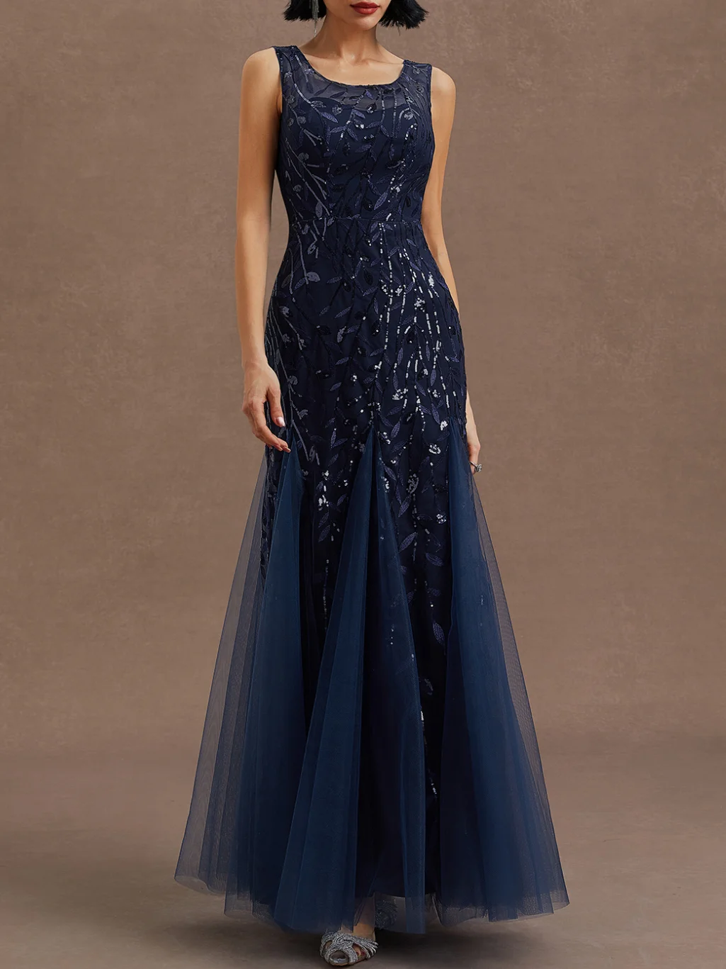 Purplish Blue Sequin Crew Neck Sleeveless Sheath Maxi Mother of the Bride or Groom Dress