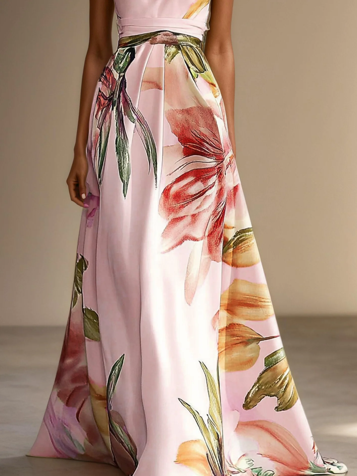 Lavender Floral Satin One Shoulder Sleeveless A-Line Maxi Dress With Pockets