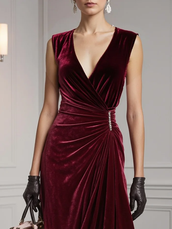Wine Red Rhinestone Peplum Velvet V Neck Sleeveless A-Line Midi Dress
