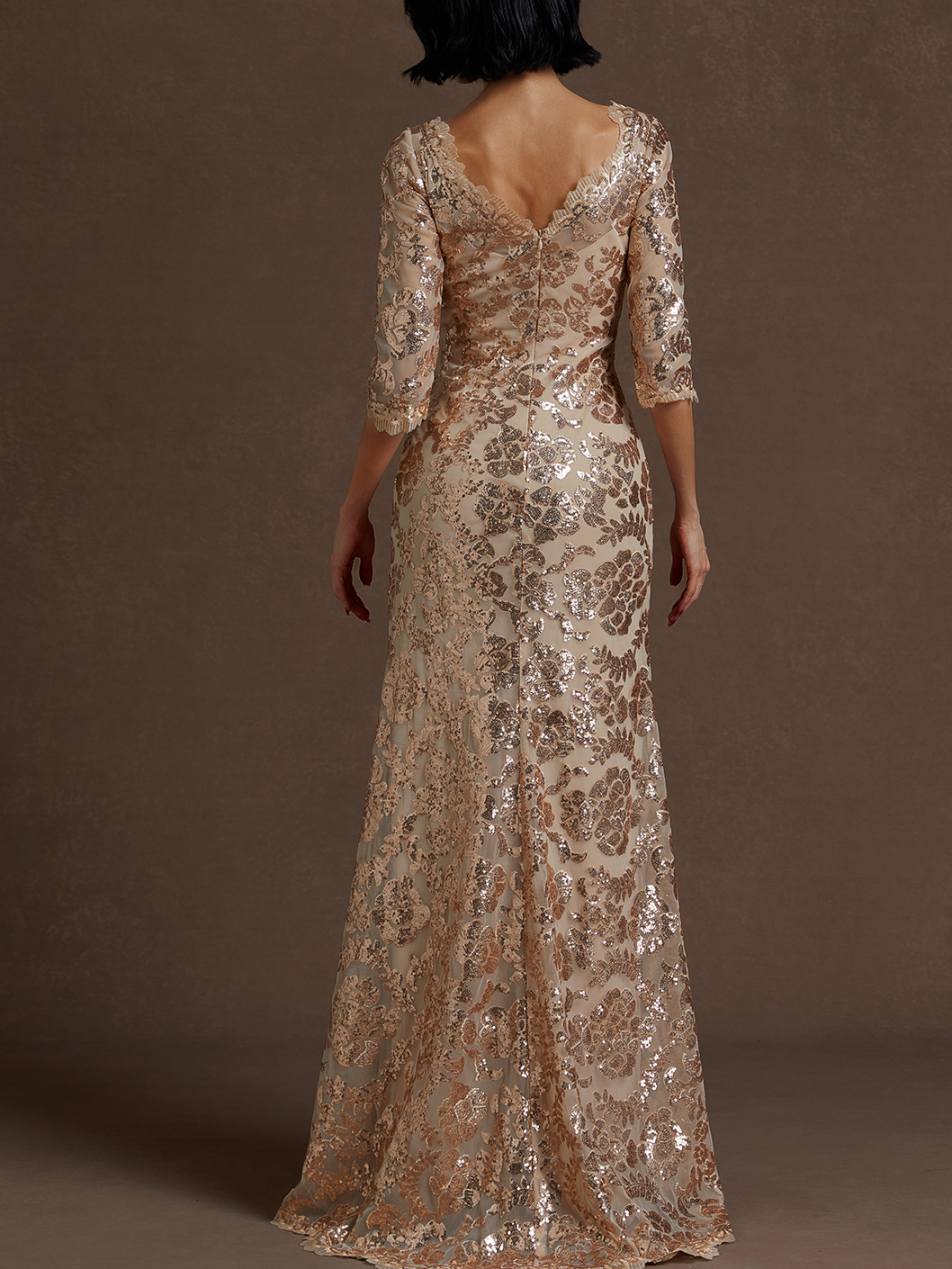 Rose Gold Sequin Crew Neck Three Quarter Sleeve Mermaid Gown Mother of the Bride or Groom Dress