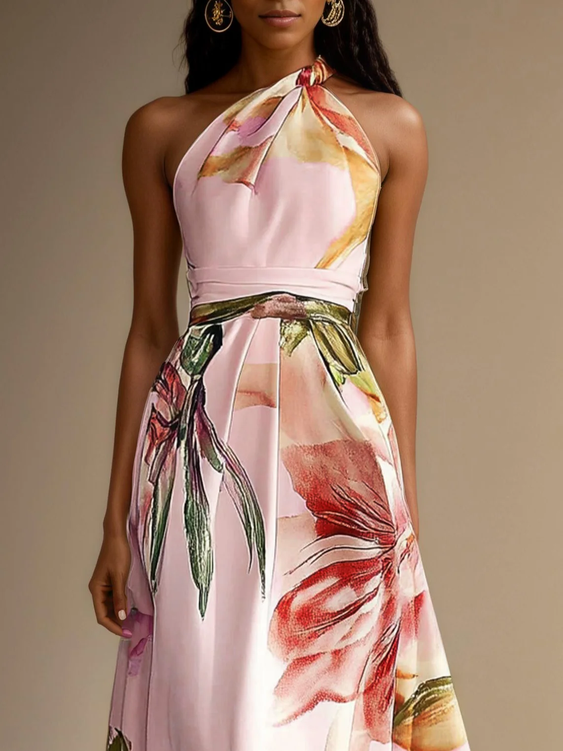 Lavender Floral Satin One Shoulder Sleeveless A-Line Maxi Dress With Pockets