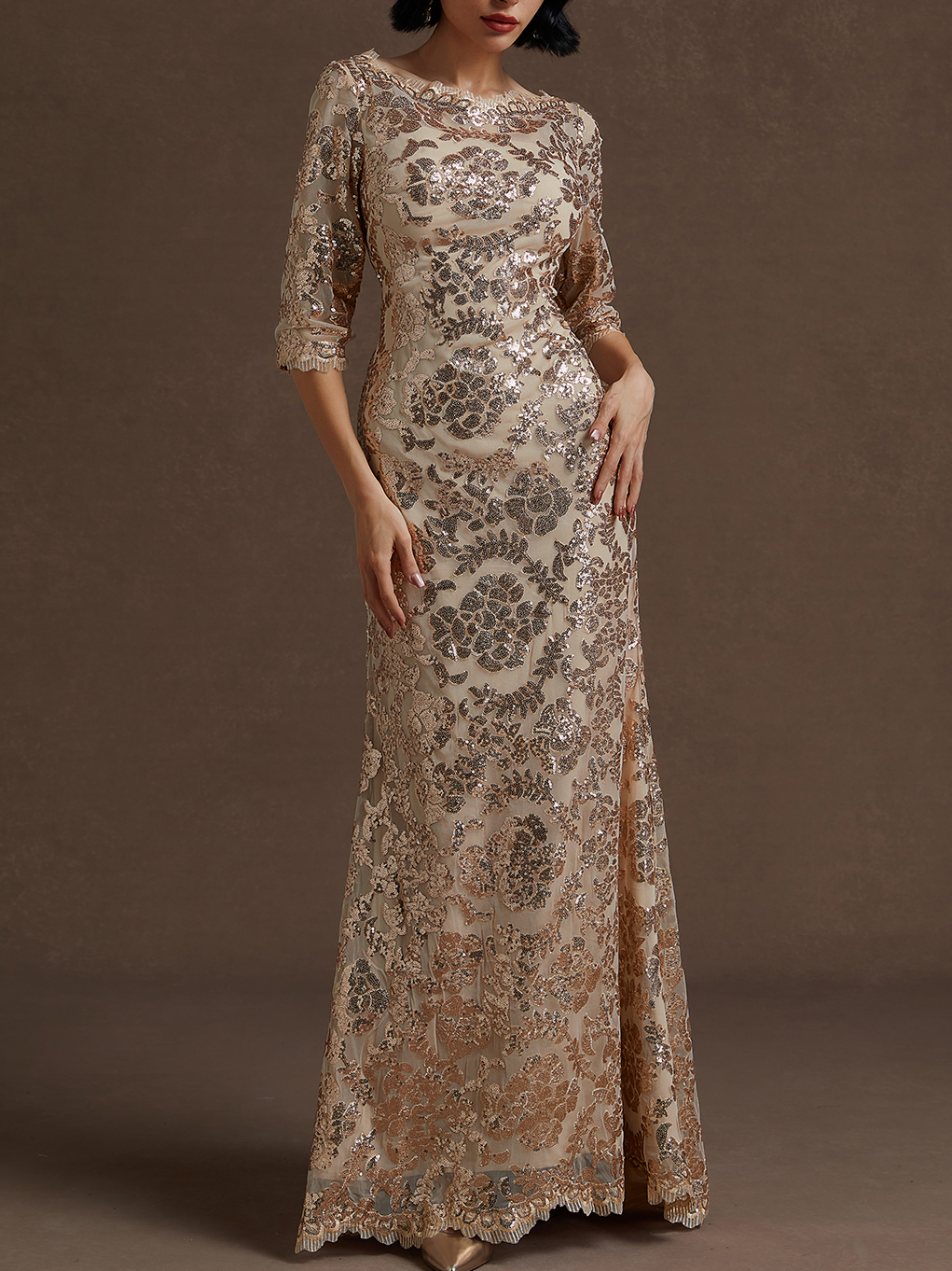 Rose Gold Sequin Crew Neck Three Quarter Sleeve Mermaid Gown Mother of the Bride or Groom Dress