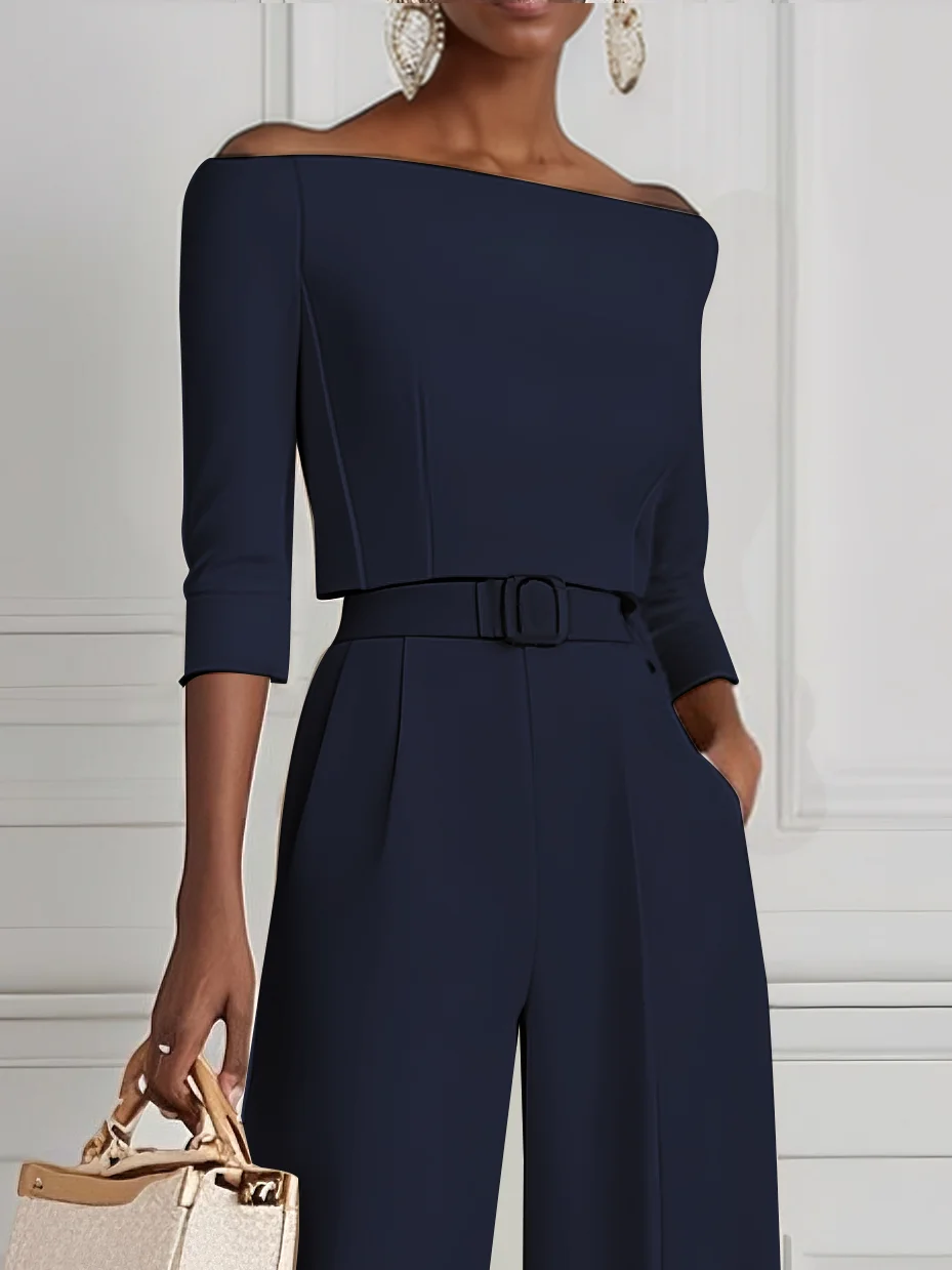 Women Purplish blue Off The Shoulder Half Sleeve Dressy Jumpsuit
