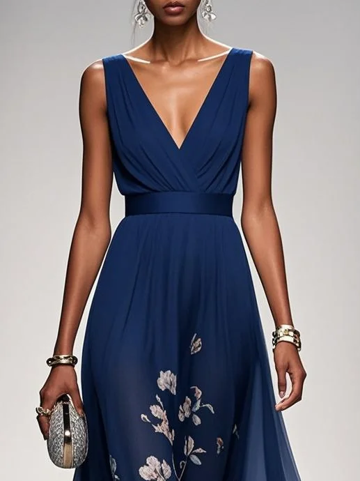 Navy Blue Floral Chiffon V Neck Sleeveless A-Line Maxi Dress