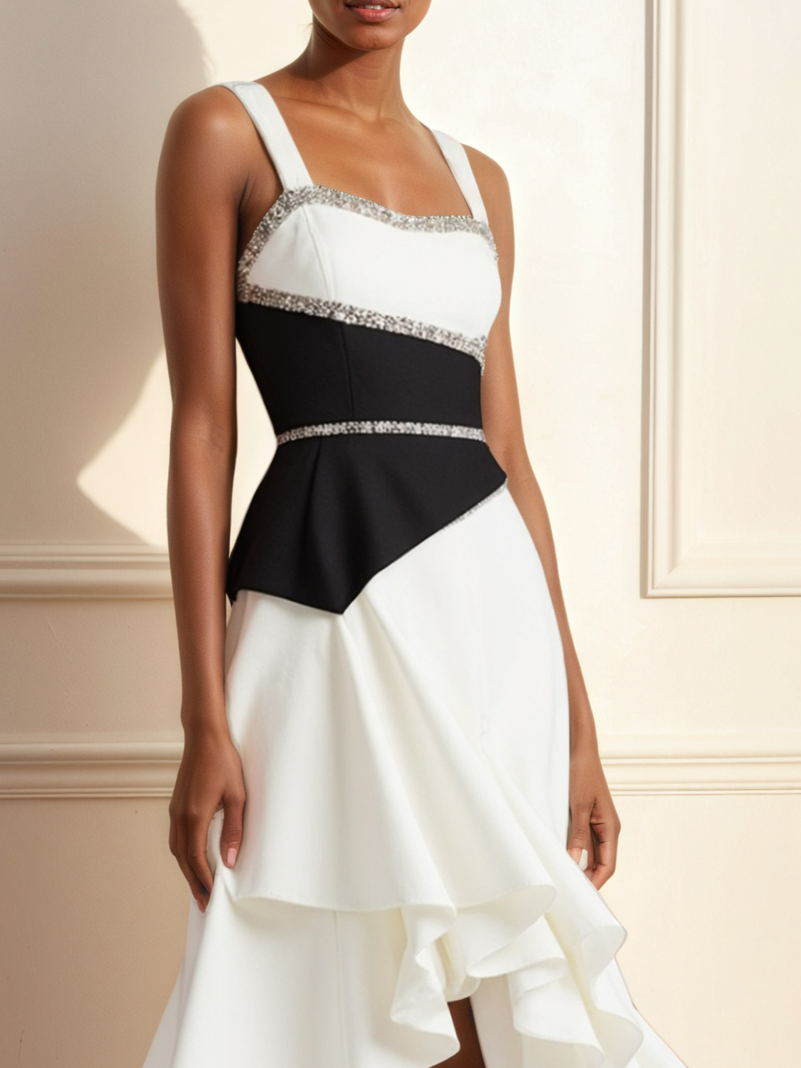 Blue Sequins Peplum Classic Spaghetti Gallus A-Line Midi Dress