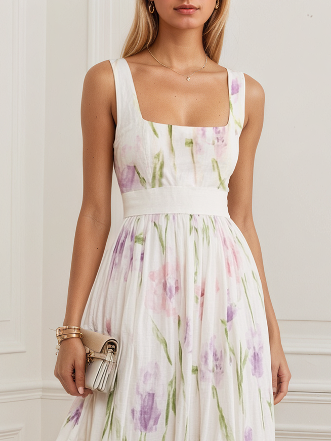 White Floral Linen Crew Neck Sleeveless A-Line Maxi Dress