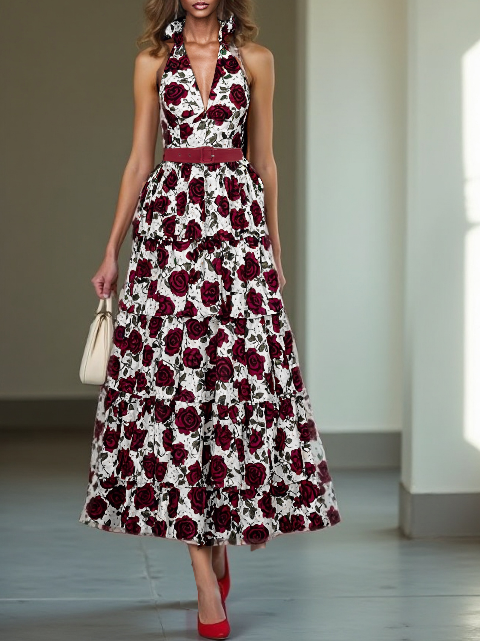 Wine Red floral  Ruffle Skirt Halter Sleeveless A-Line Maxi Dress