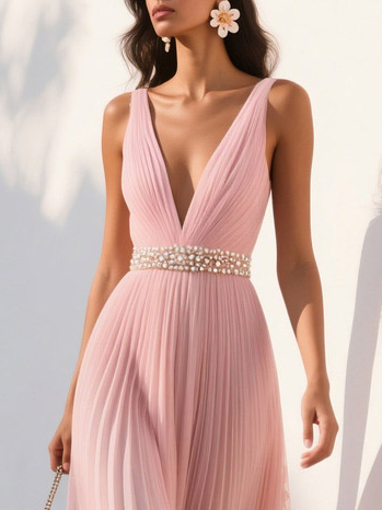 Pink Pleated Floral Deep V Neck A-Line Maxi Chiffon Dress