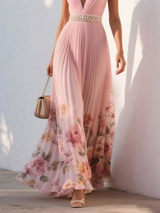 Pink Pleated Floral Deep V Neck A-Line Maxi Chiffon Dress