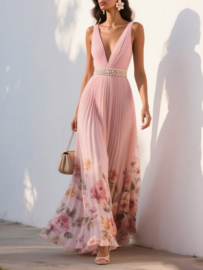 Pink Pleated Floral Deep V Neck A-Line Maxi Chiffon Dress
