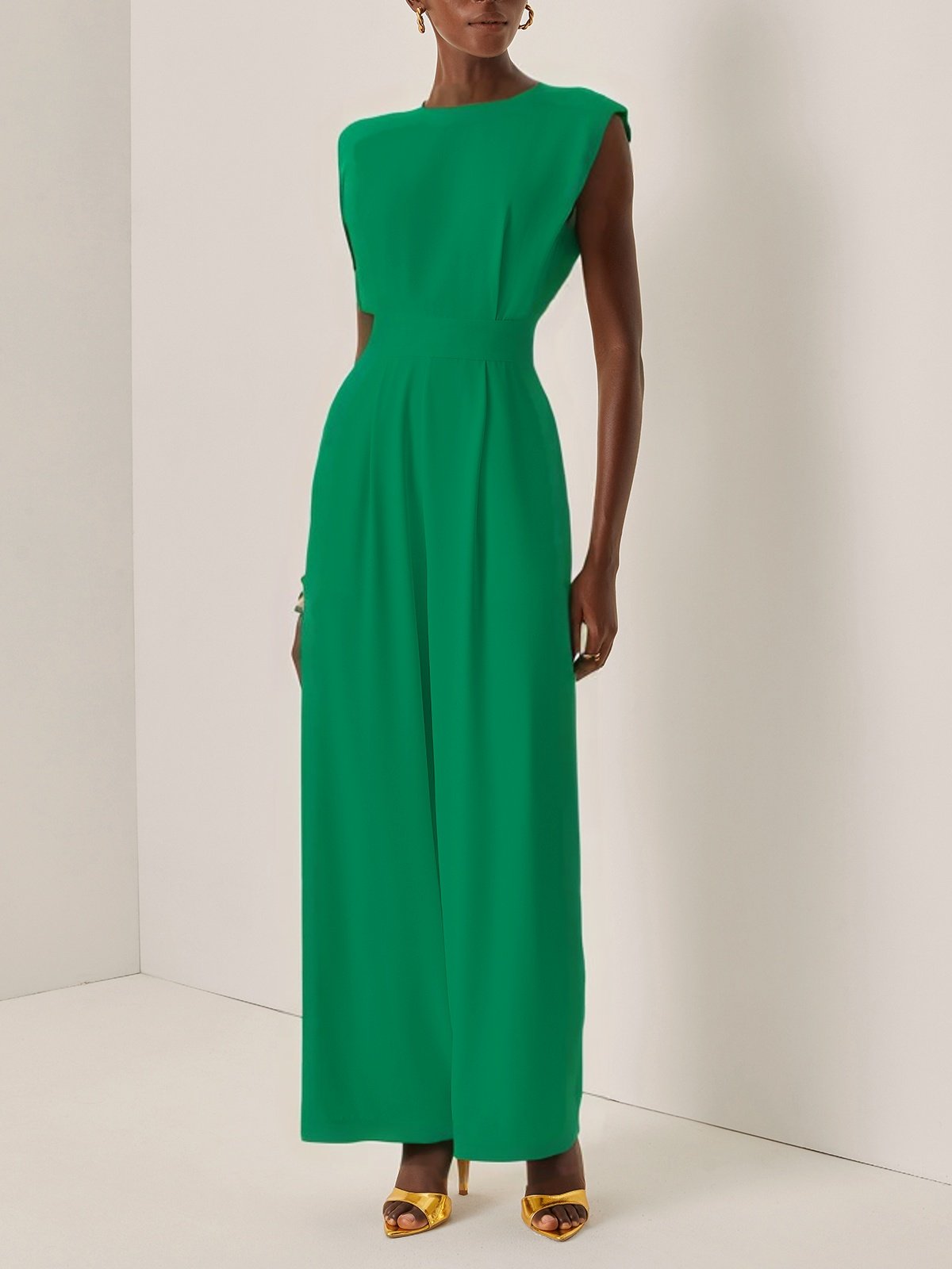 Women Green Crew Neck Sleeveless Dressy Jumpsuit