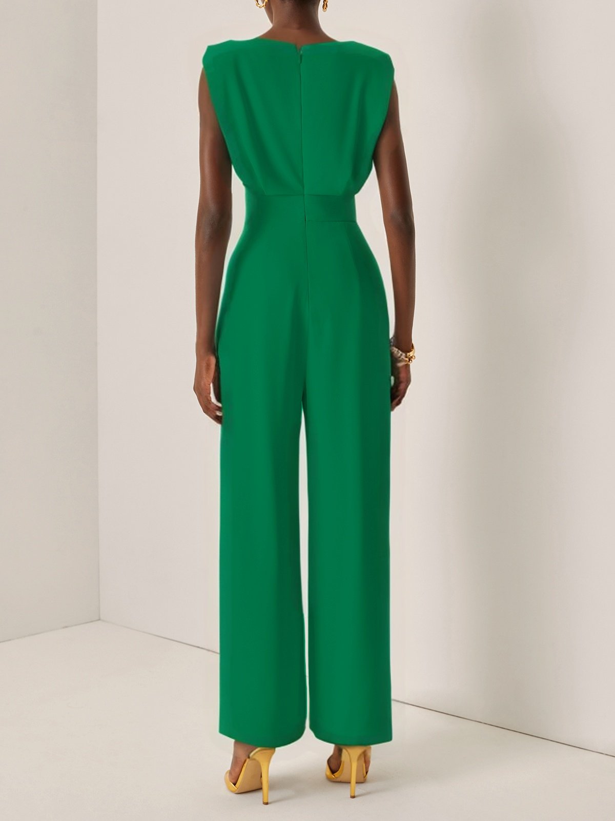 Women Green Crew Neck Sleeveless Dressy Jumpsuit