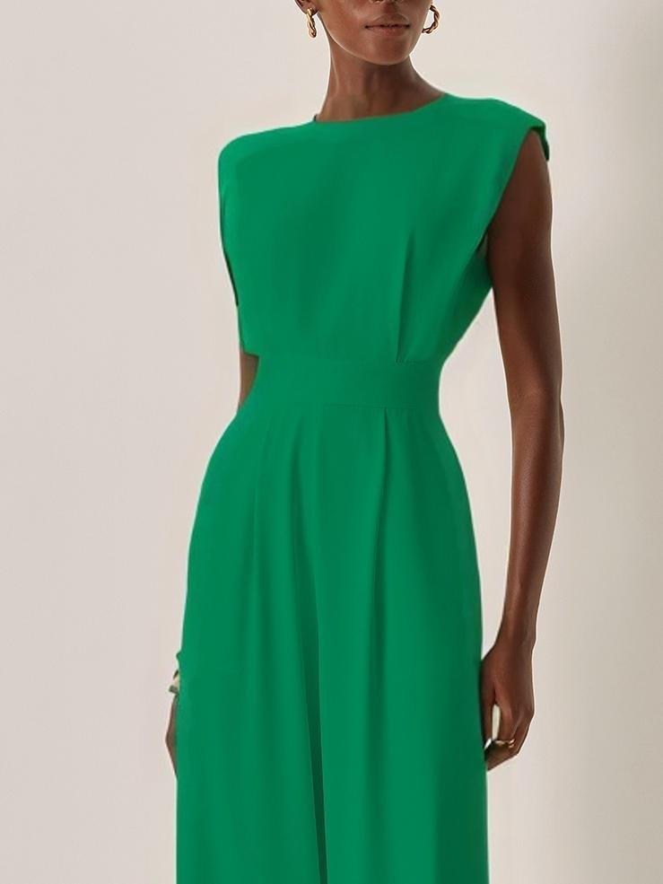 Women Green Crew Neck Sleeveless Dressy Jumpsuit