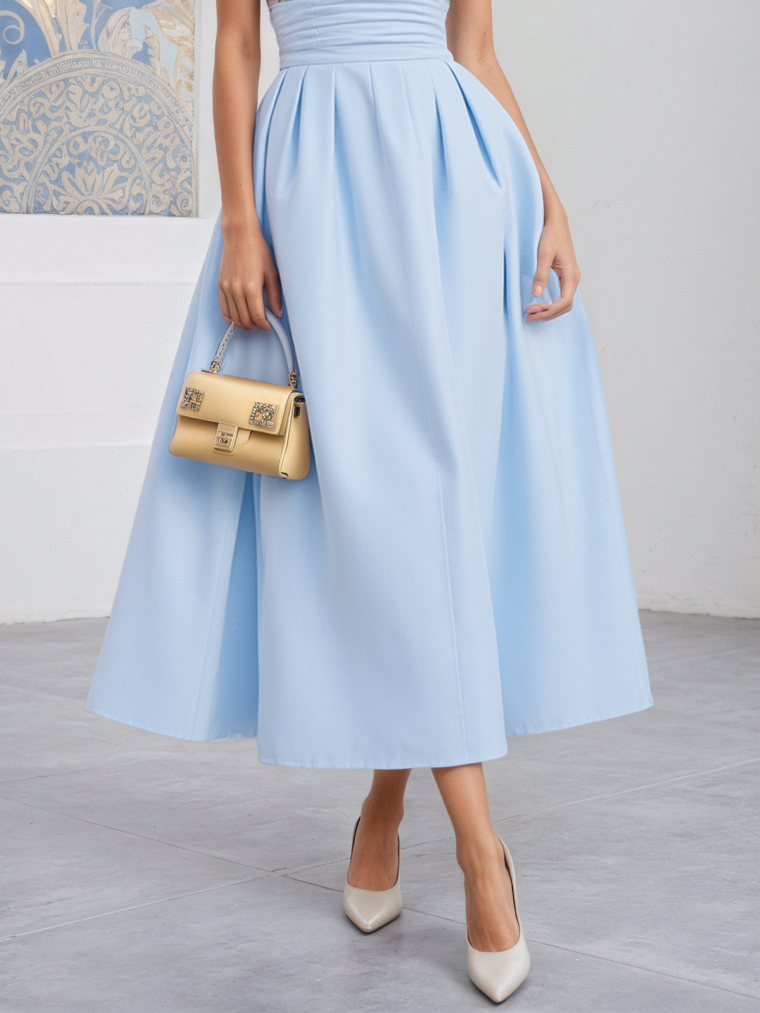 Light Blue Lace Ruched Classic Crew Neck Sleeveless A-Line Midi Dress