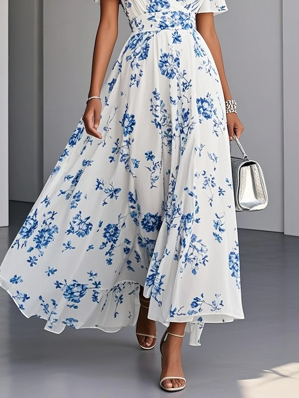 Blue Floral Chiffon V Neck Short Sleeve A-Line Maxi Dress