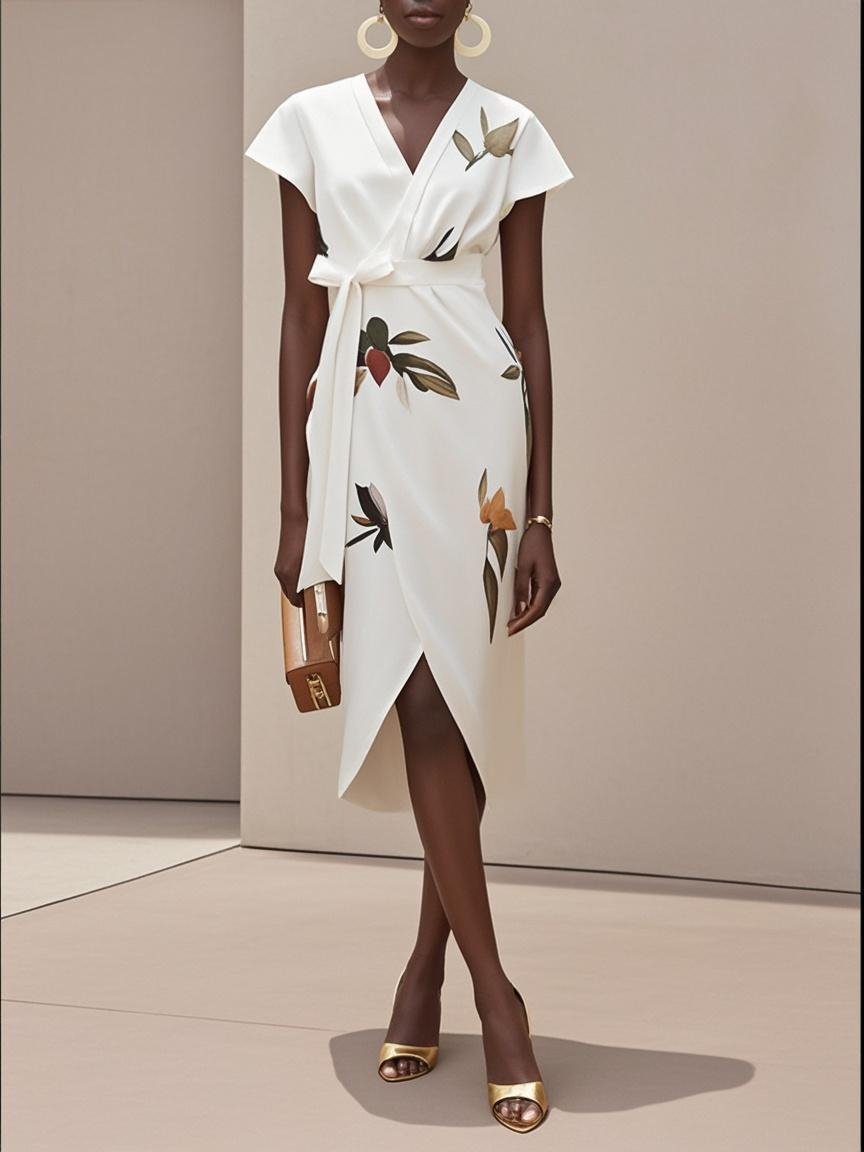White Printing Satin V Neck Cap Sleeve Sheath Midi Dress